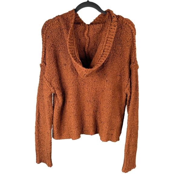 AMERICAN EAGLE M Hooded Pullover Sweater Crop Comfy Cozy Rust Brown Boucle Knit - Picture 3 of 8